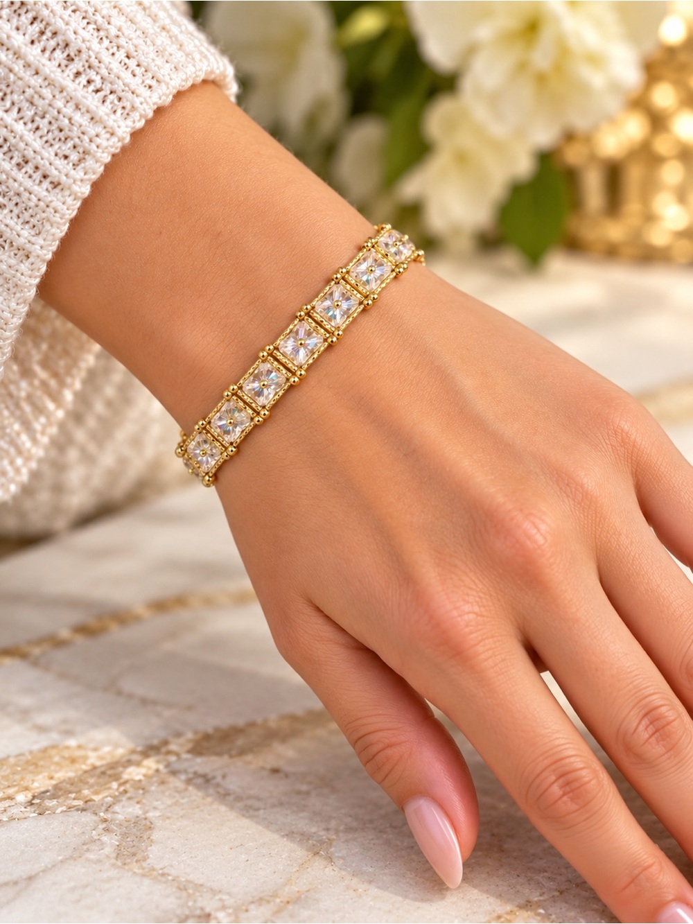 Hand Crafted Crystal and Gold Tennis Bracelet